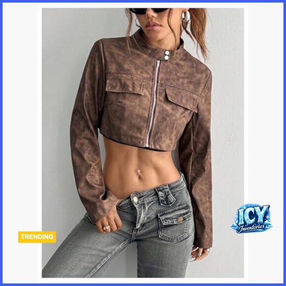 Faux Leather Cropped Jacket Vintage Zip Up Stand Collar Moto Biker - Picture 4 of 5